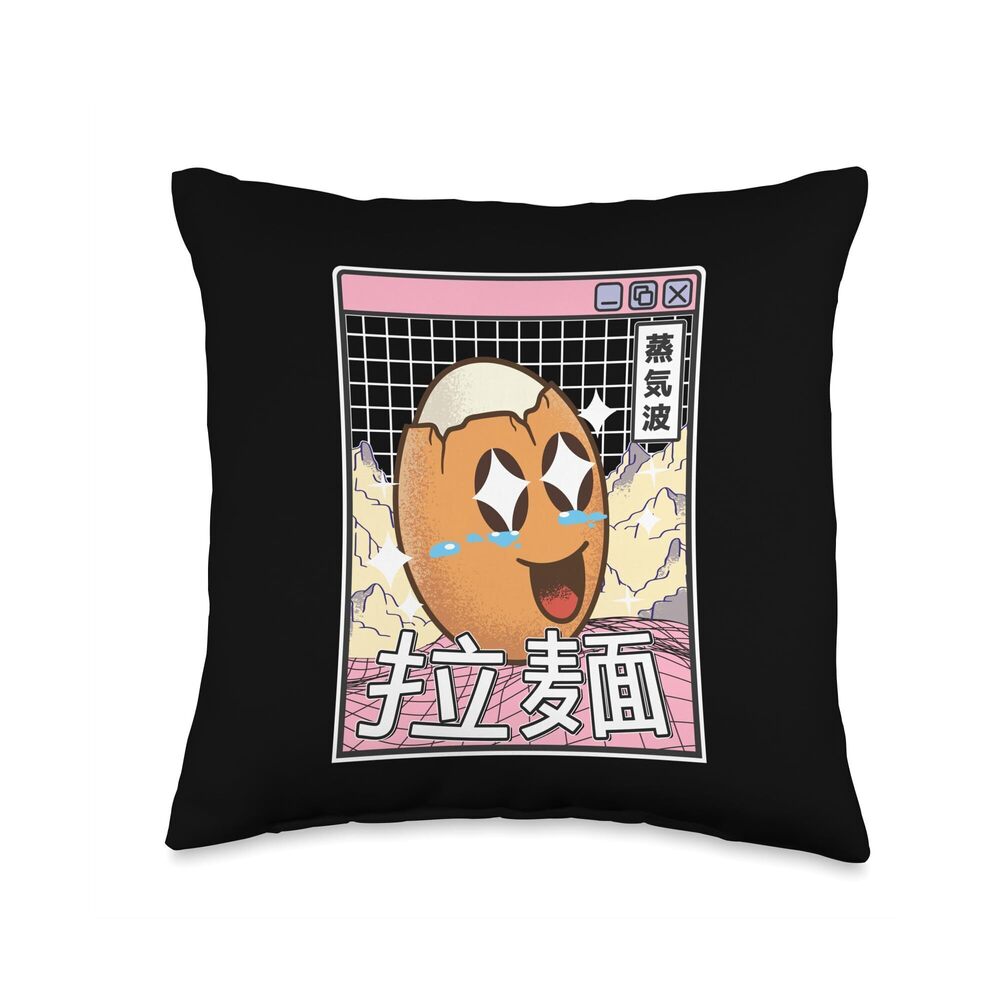 1637 Happy Egg Digital Japan Pastel 80s Otaku Anime Vaporwave Throw Pillow